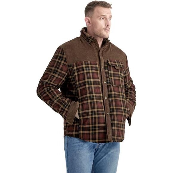 Men's Long Sleeve Sherpa Lined Shirt Jacket Flannel Plaid Fleece Coats - Picture 3 of 7